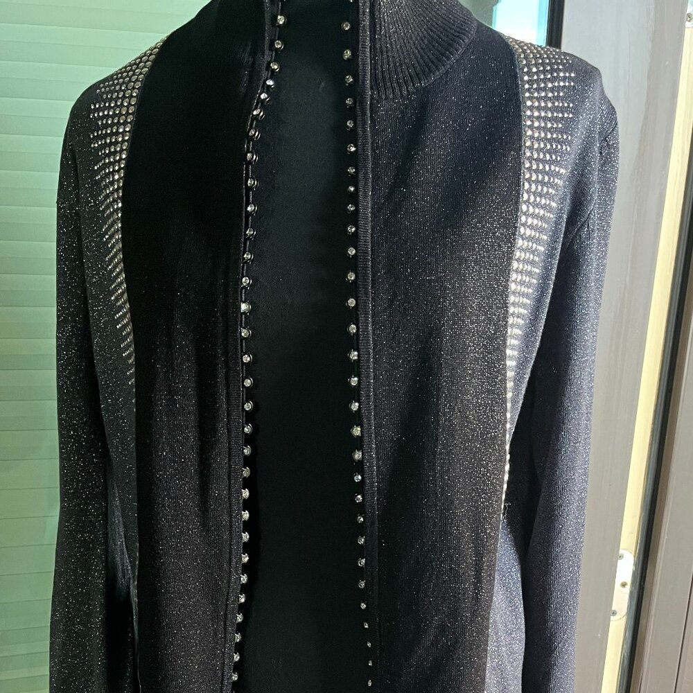 Fontana Black Ribbed Shimmer Jeweled Zip Up Sweater Size XL